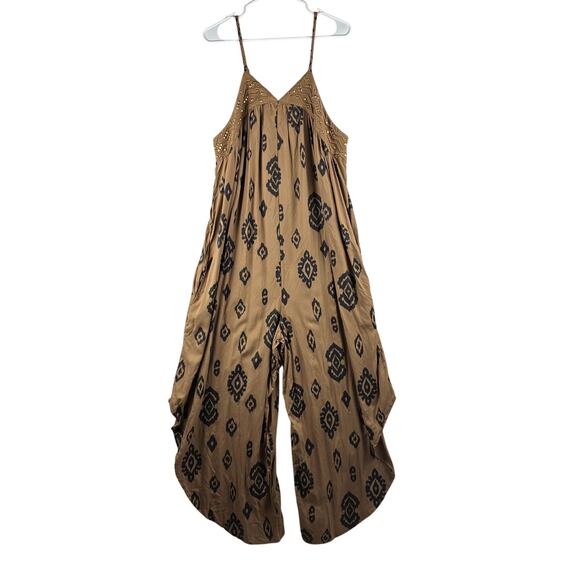 Cato Pants - Cato Brown Black Tribal Ikat Print Studded Boho Harem Wide Leg Jumpsuit Women XL